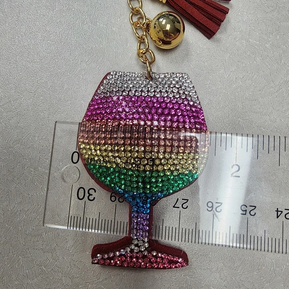 Mix Color Wine Glass Iconic Key Chain Rhinestones Tassle Clip & Key Ring 3D